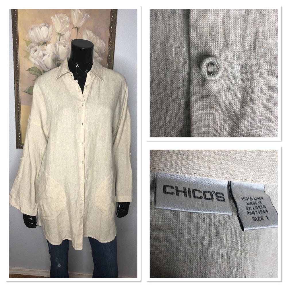 Chico’s 100% Linen Tunic Button Down Top Sz 1 / US S Sand Oversized